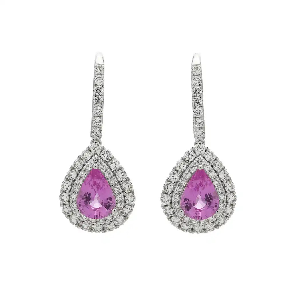 Cercei Aur Alb 18k, Safire Roz 2.30 ct, Diamante 1.36 ct
