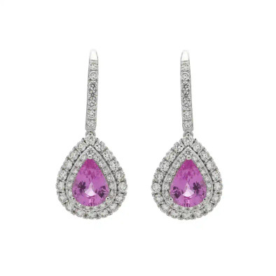 Cercei Aur Alb 18k, Safire Roz 2.30 ct, Diamante 1.36 ct