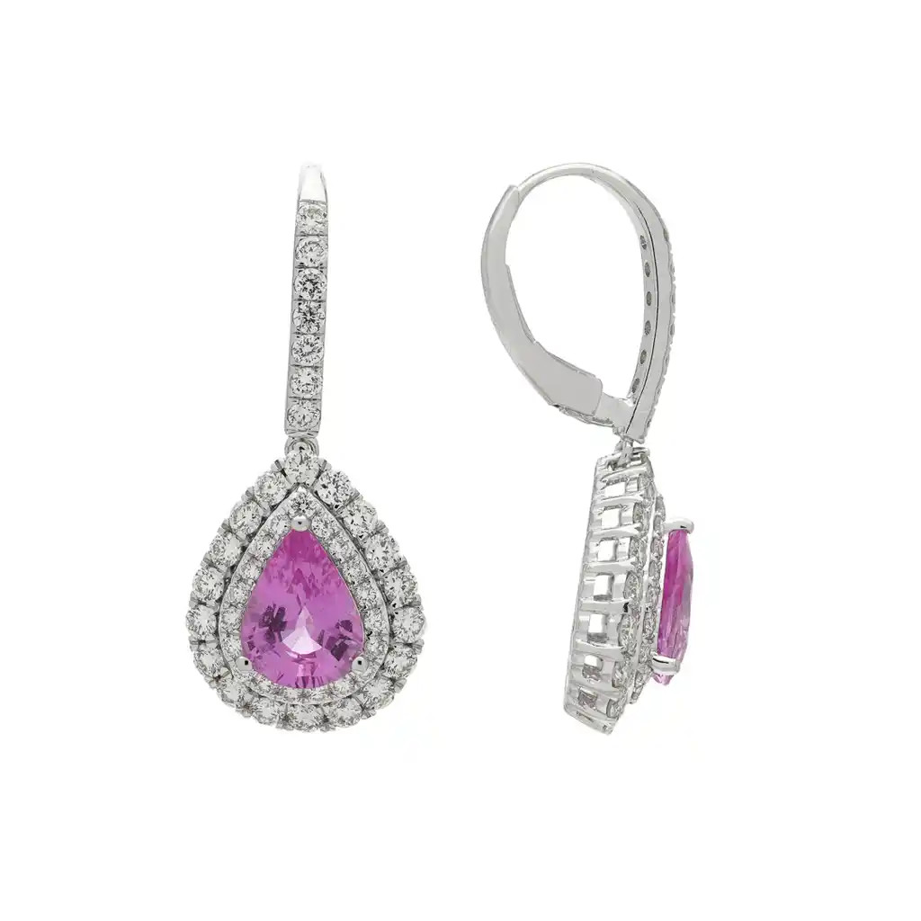 Cercei Aur Alb 18k, Safire Roz 2.30 ct, Diamante 1.36 ct