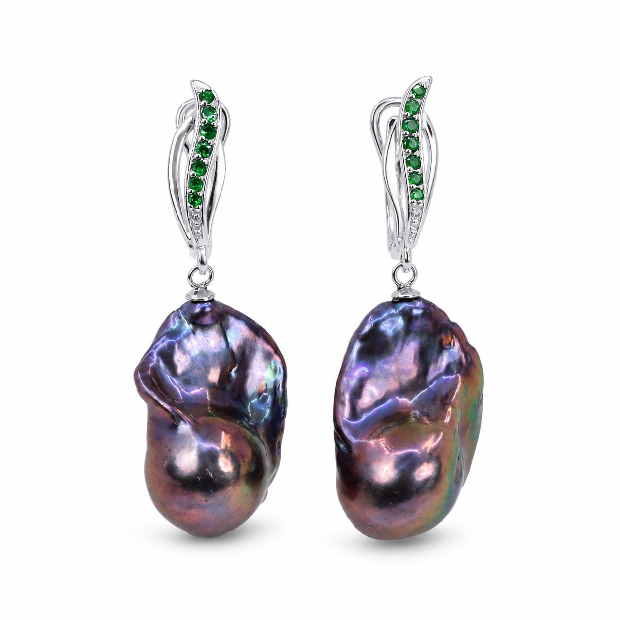 Cercei Argint 925, Perle Baroque Tahiti, Tsavorite