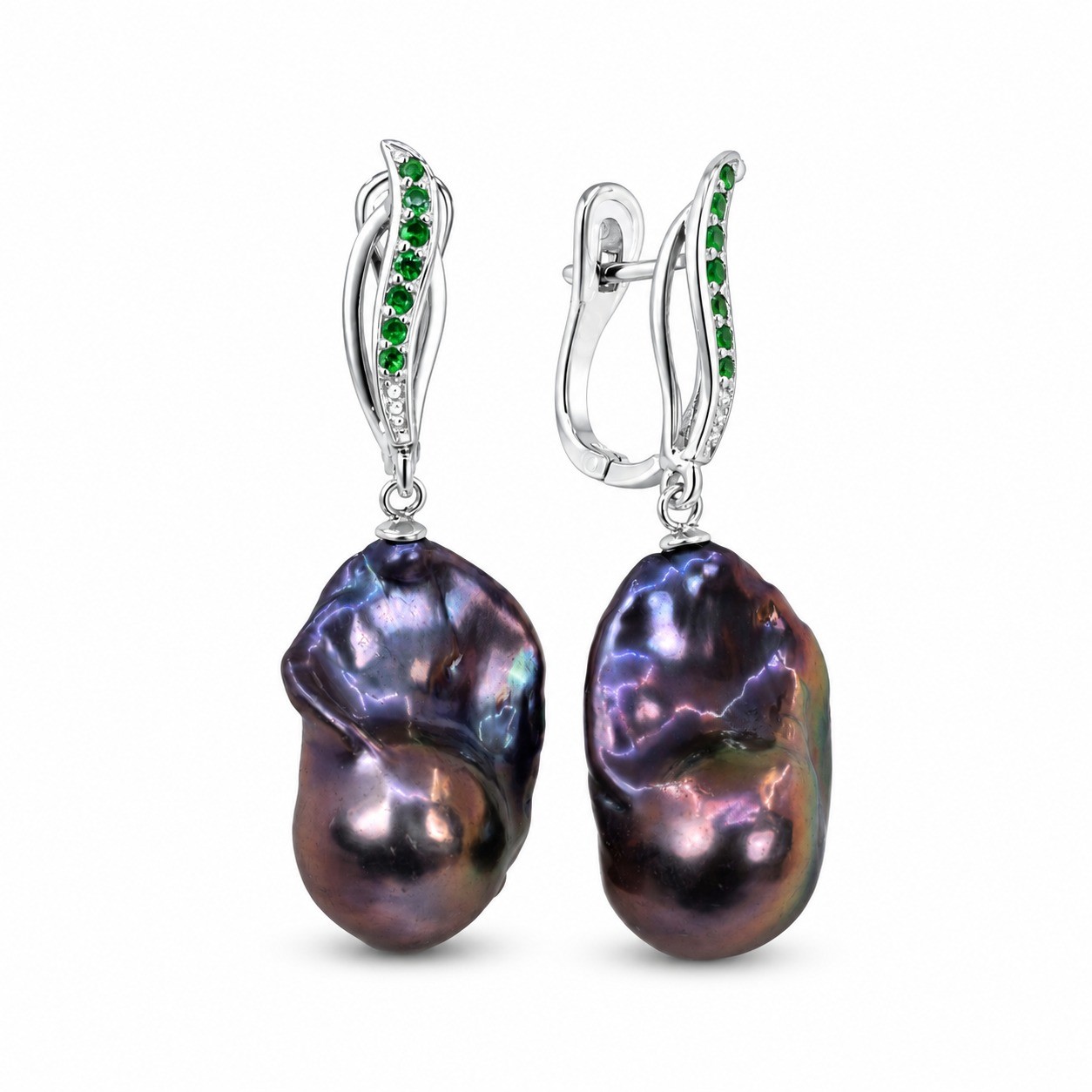 Cercei Argint 925, Perle Baroque Tahiti, Tsavorite