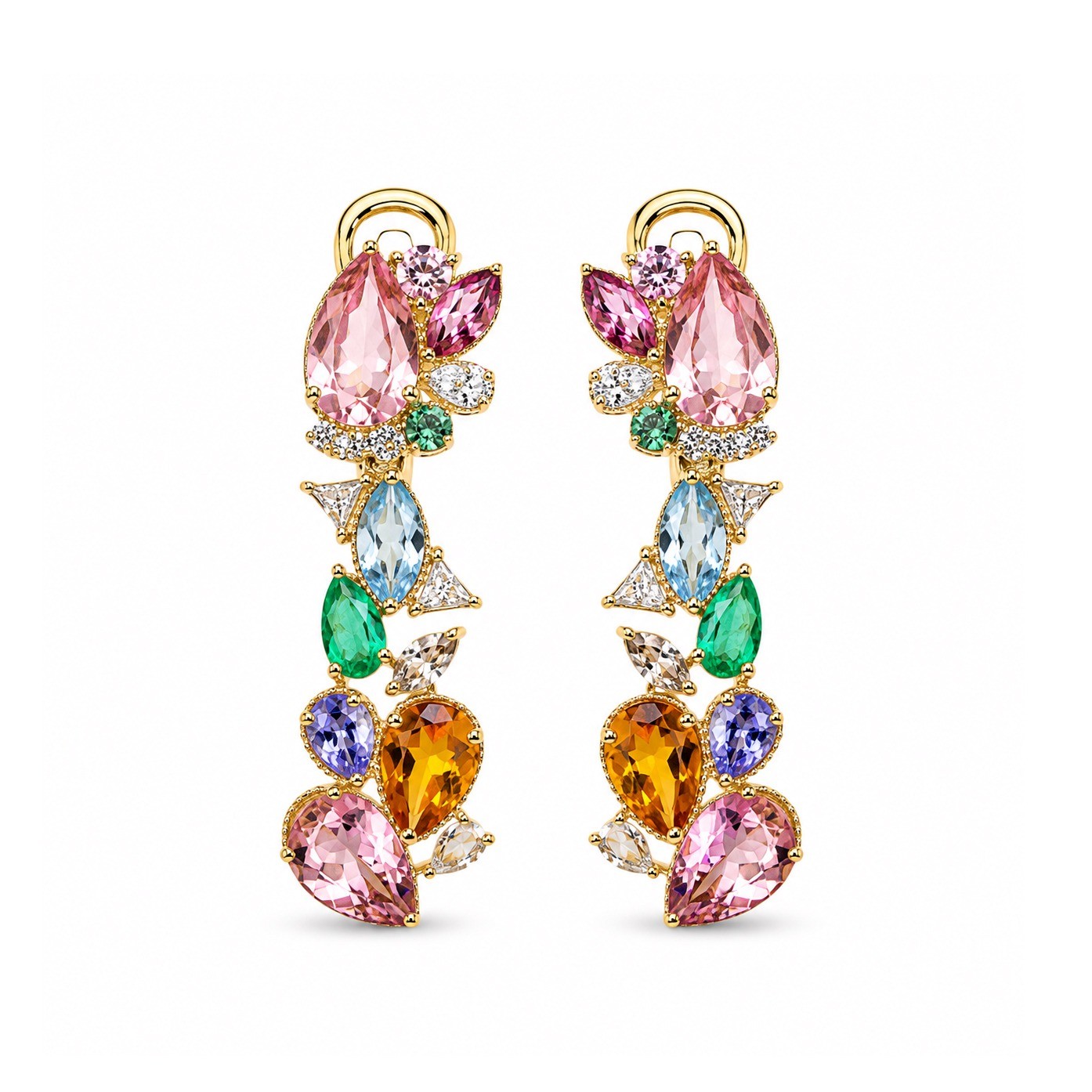 Cercei Aur Galben 14K, Turmalina 4.50 Ct ,  Citrin 1.43 ct, Aquamarin 0.70 ct, Smarald 0.40 ct, Safire 1.30 ct, Diamante 0.50 Ct