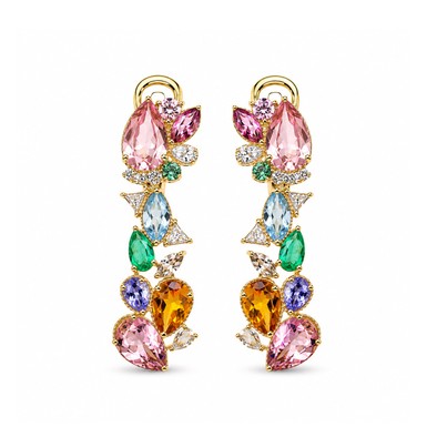 Cercei Aur Galben 14K, Turmalina 4.50 Ct ,  Citrin 1.43 ct, Aquamarin 0.70 ct, Smarald 0.40 ct, Safire 1.30 ct, Diamante 0.50 Ct