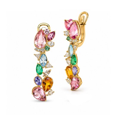 Cercei Aur Galben 14K, Turmalina 4.50 Ct ,  Citrin 1.43 ct, Aquamarin 0.70 ct, Smarald 0.40 ct, Safire 1.30 ct, Diamante 0.50 Ct