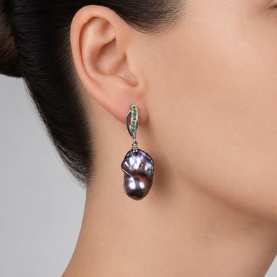 Cercei Argint 925, Perle Baroque Tahiti, Tsavorite
