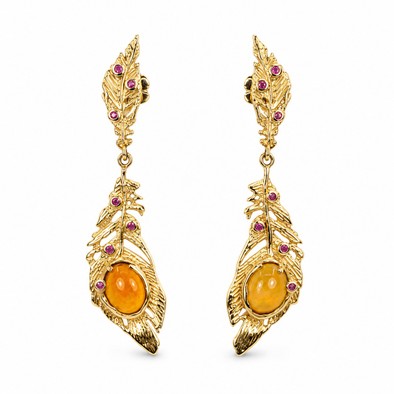 Cercei Aur Galben 14k, Opal 3.00 ct, Safire Roz 0.08 ct