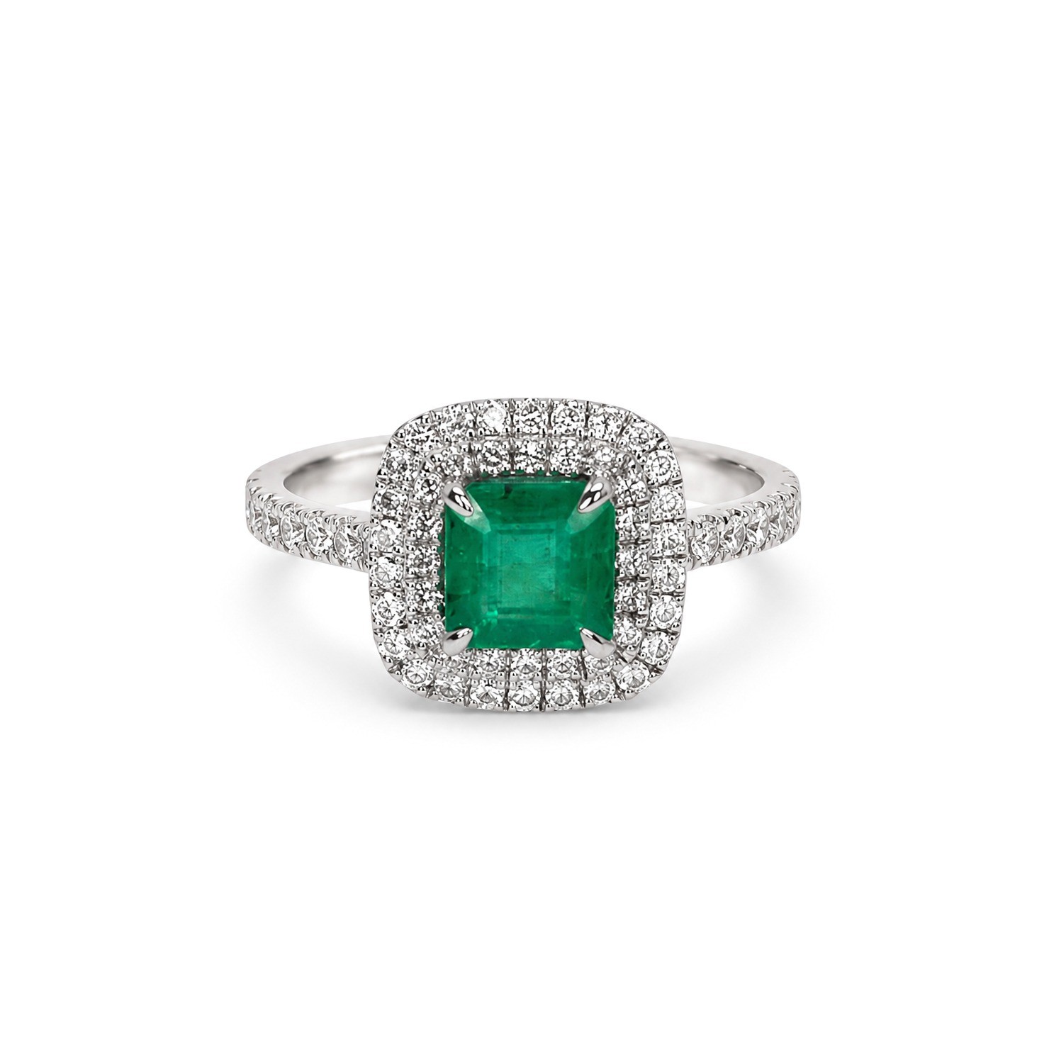 Inel Aur Alb 18K, Smarald 1.30 Ct, Diamante 0.26 Ct