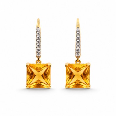 Cercei Aur Galben 18k, Citrin 7.5 Ct , Diamante 0.37 Ct