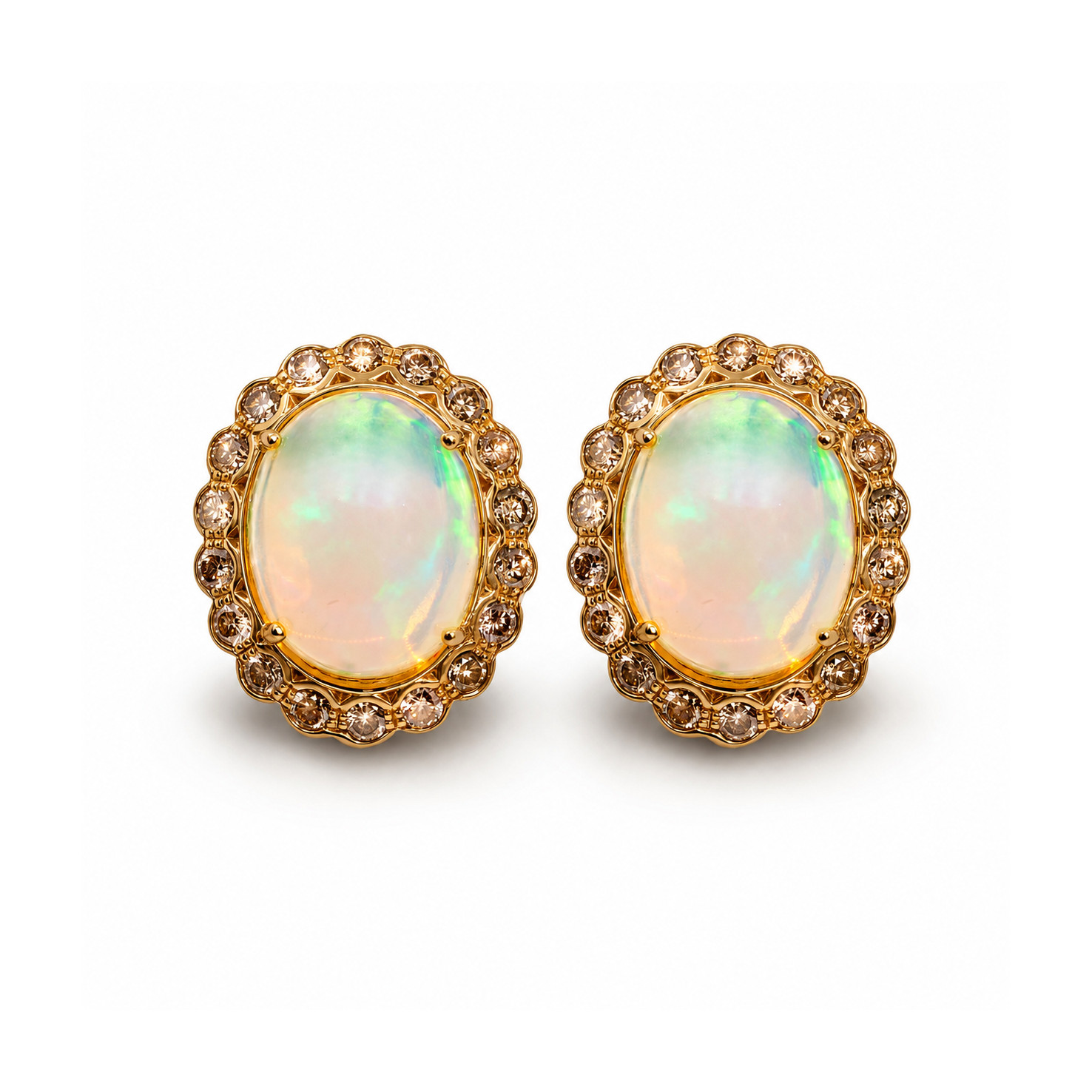 Cercei Aur Galben 18k, Opal 10.80 ct, Diamante Champagne  1.10 ct