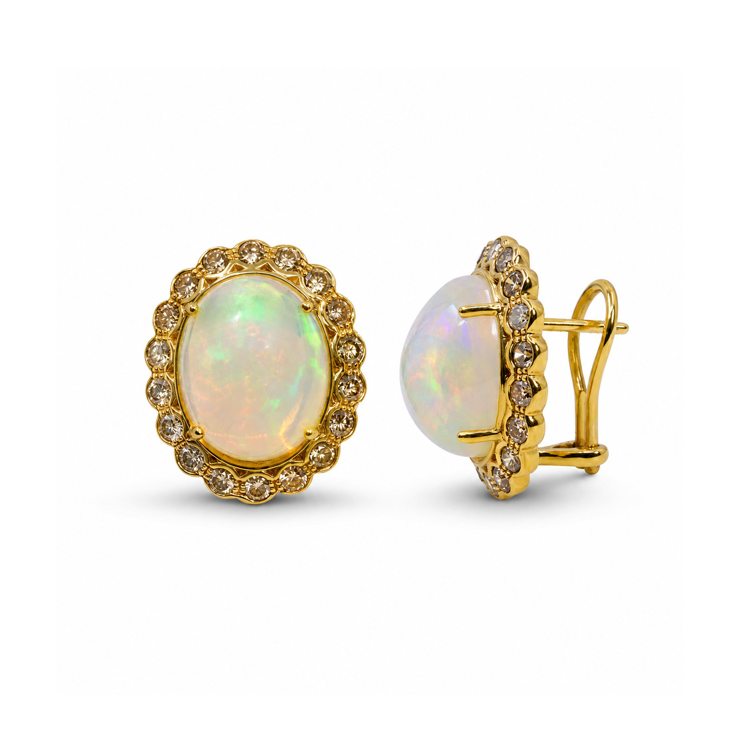 Cercei Aur Galben 18k, Opal 10.80 ct, Diamante Champagne  1.10 ct