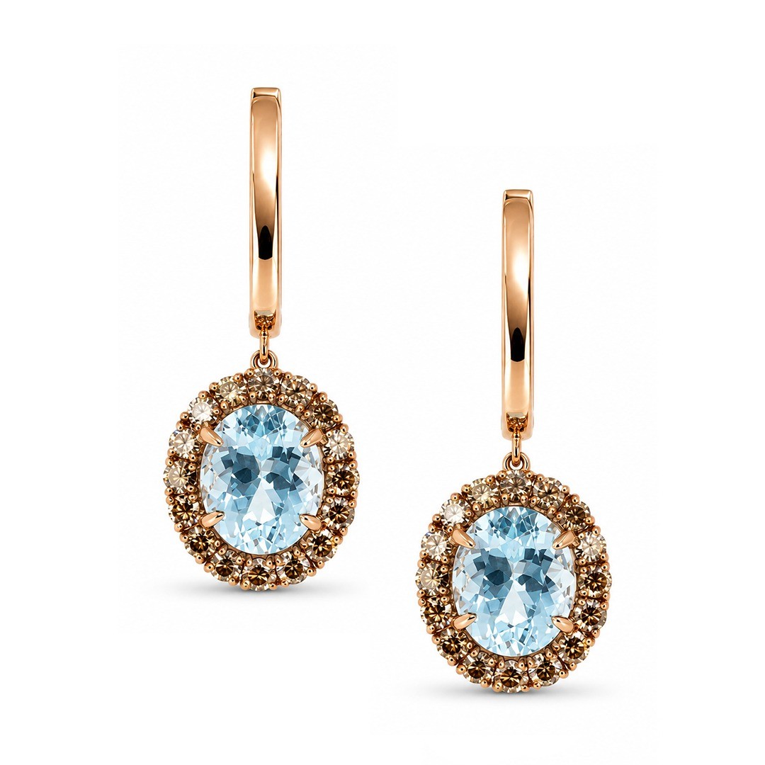 Cercei Aur Roz 18k, Aquamarin  6.10 Ct , Diamante Naturale Champagne 1.52 Ct