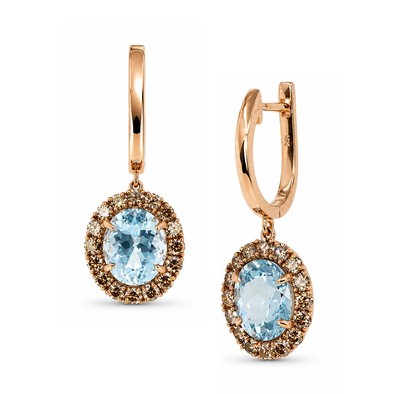 Cercei Aur Roz 18k, Aquamarin  6.10 Ct , Diamante Naturale Champagne 1.52 Ct