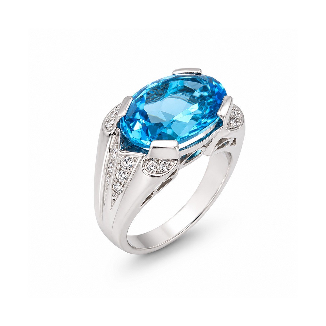 Inel Platina, Swiss Topaz  7.50 ct, Diamante Naturale 0.32 ct