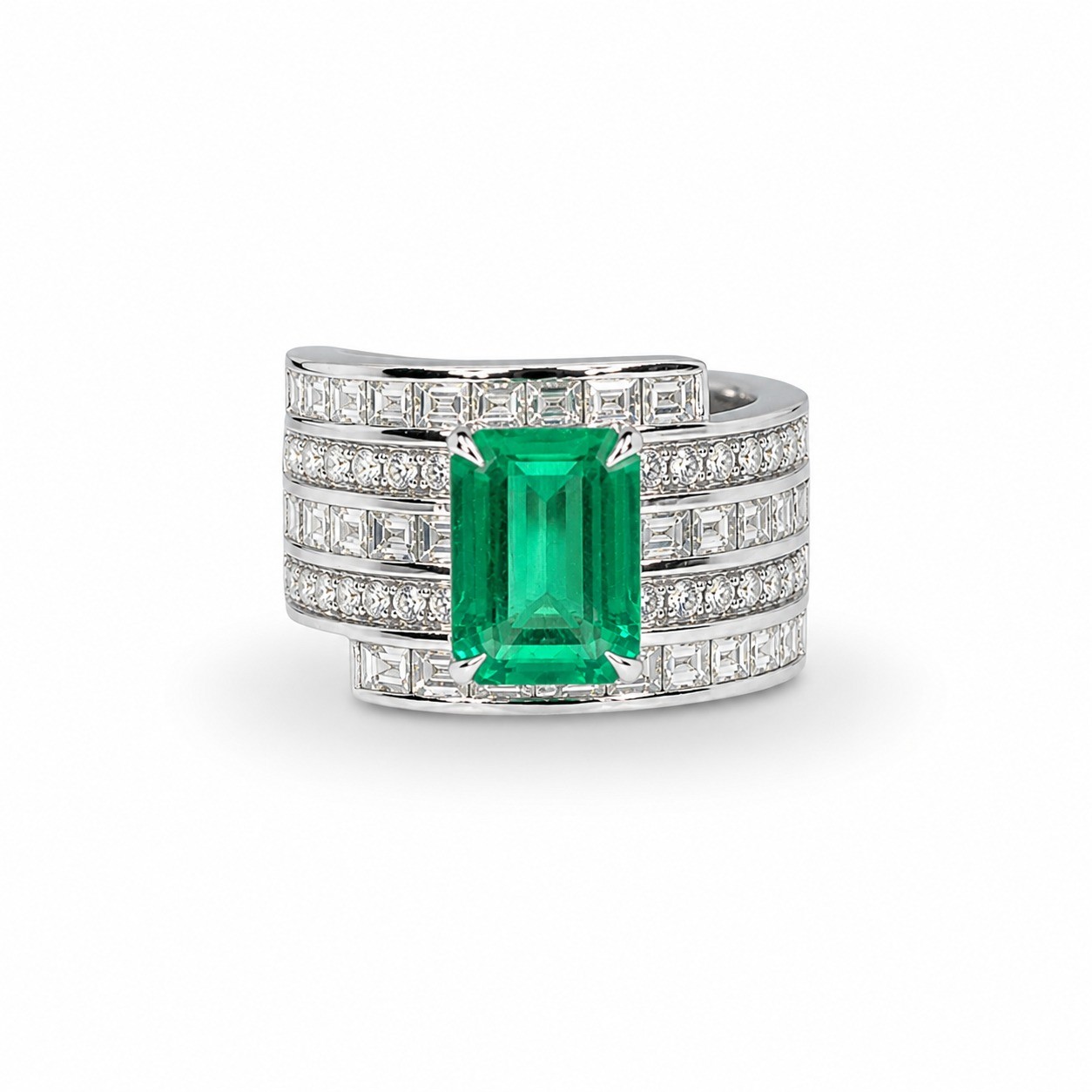 Inel Aur Alb 18 k, Smarald 2.34 Ct , Diamante Naturale 1.98 Ct EF/VS