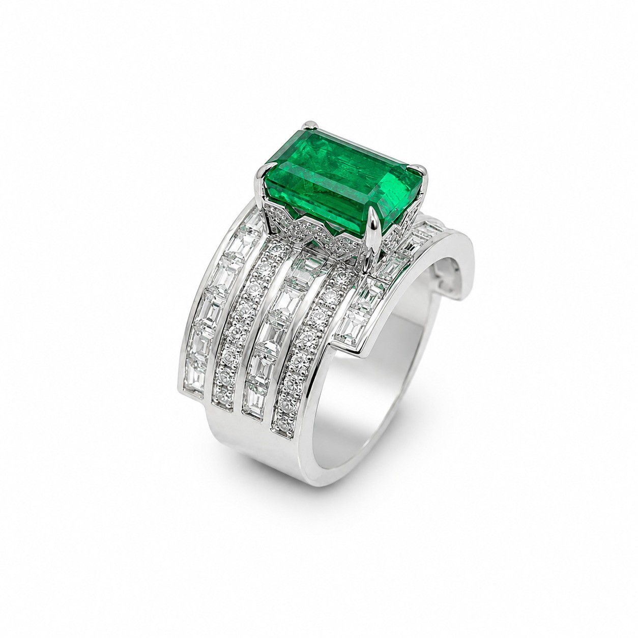 Inel Aur Alb 18 k, Smarald 2.34 Ct , Diamante Naturale 1.98 Ct EF/VS