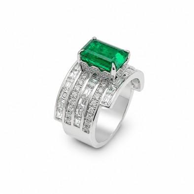 Inel Aur Alb 18 k, Smarald 2.34 Ct , Diamante Naturale 1.98 Ct EF/VS