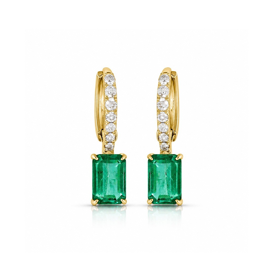 Cercei Aur Galben 14K, Smarald 1.10 Ct , Diamante Naturale 0.22 Ct F-G/VS