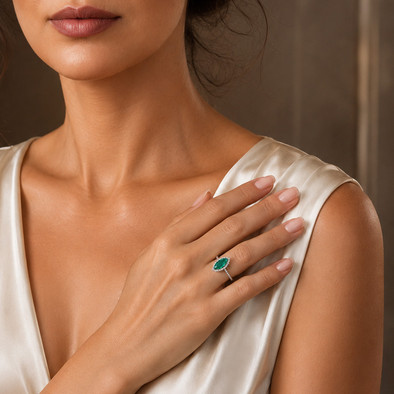 Inel Aur Alb 18 k, Smarald 1.10 Ct , Diamante Naturale 0.21 Ct