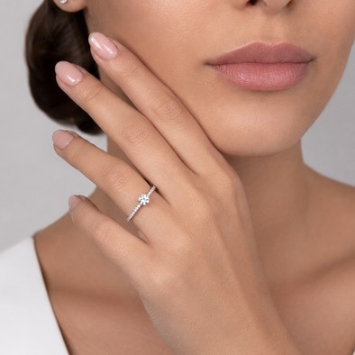 Inel Aur Alb 18k, Diamant Natural Solitaire 0.30 Ct D / VVS2 , Diamante Naturale 0.24 Ct EF/VS