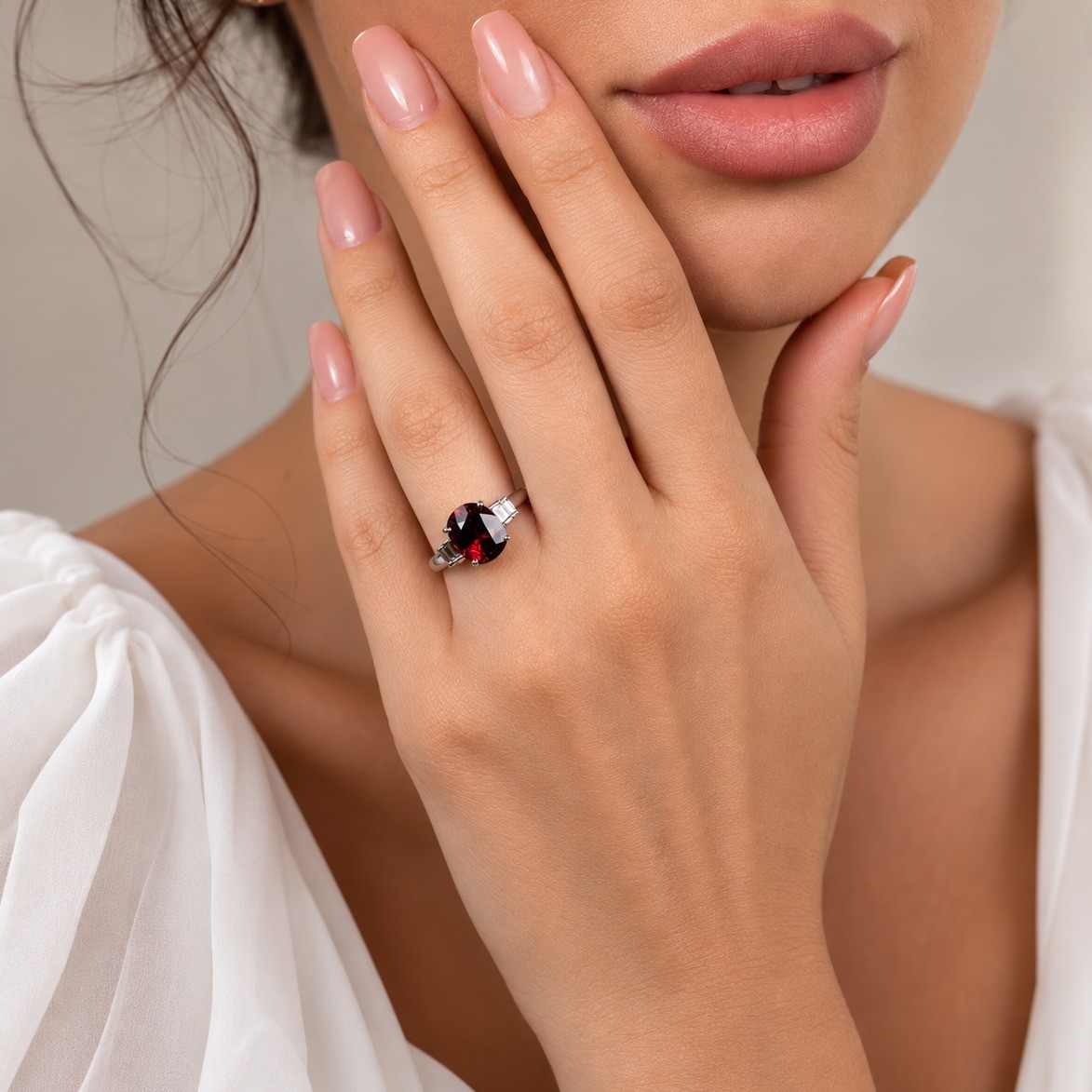 Inel Platina, Granat  4.78 ct, Diamante Naturale 0.30 Ct