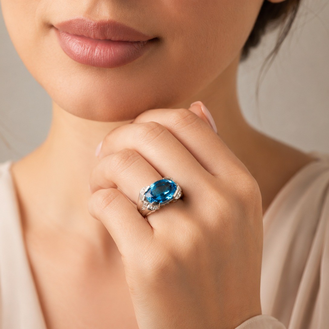 Inel Platina, Swiss Topaz  7.50 ct, Diamante Naturale 0.32 ct