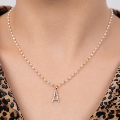 Colier Aur Galben 14K, Perle 11.20 Ct, Safire Albe 0.50 Ct, litera A
