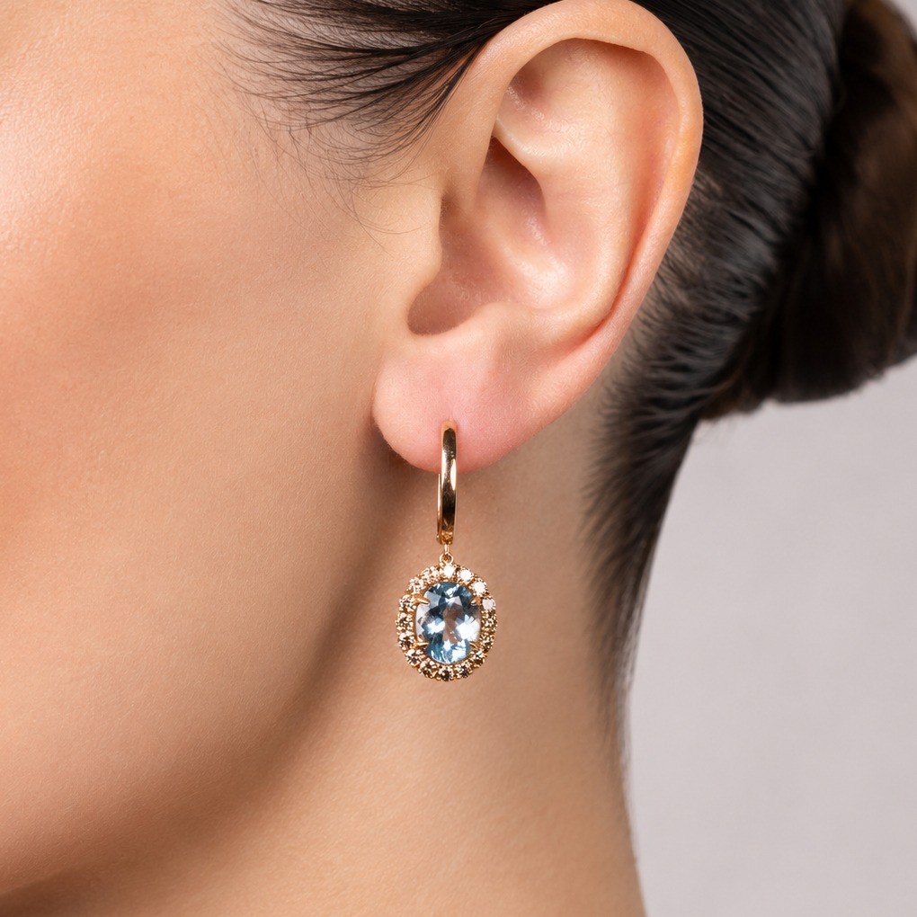 Cercei Aur Roz 18k, Aquamarin  6.10 Ct , Diamante Naturale Champagne 1.52 Ct
