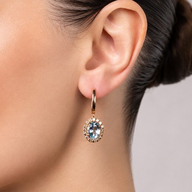 Cercei Aur Roz 18k, Aquamarin  6.10 Ct , Diamante Naturale Champagne 1.52 Ct
