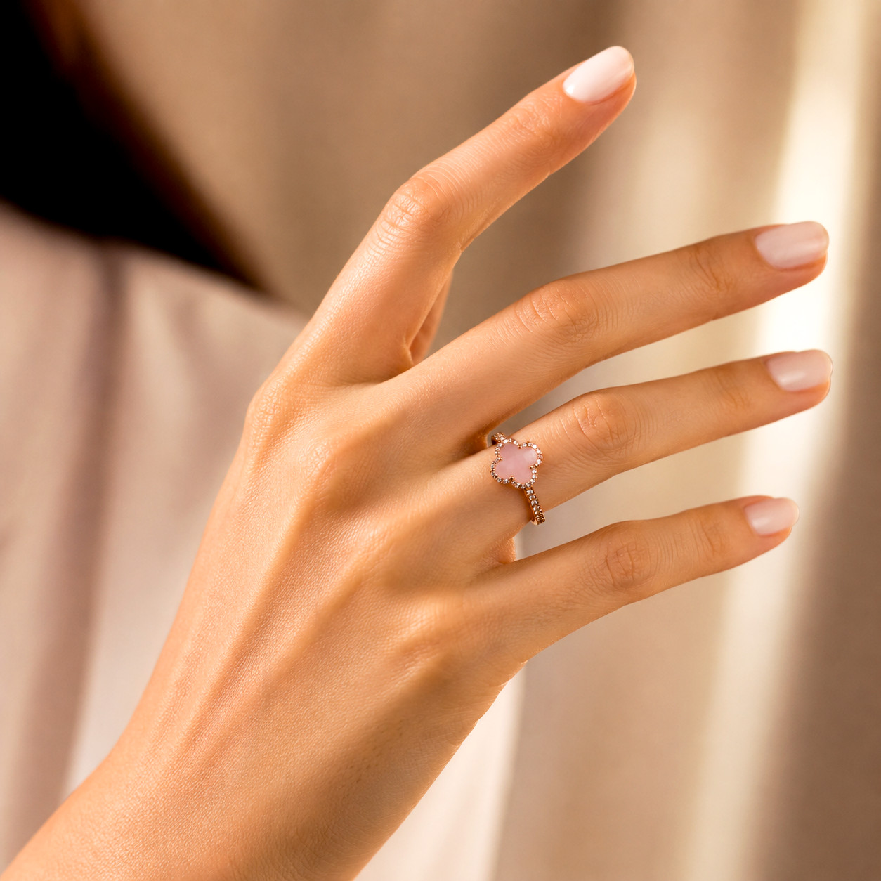 Inel Aur Roz 14K, Cuart Roz  1.30 Ct , Diamante Naturale 0.21 Ct FG/VS-SI