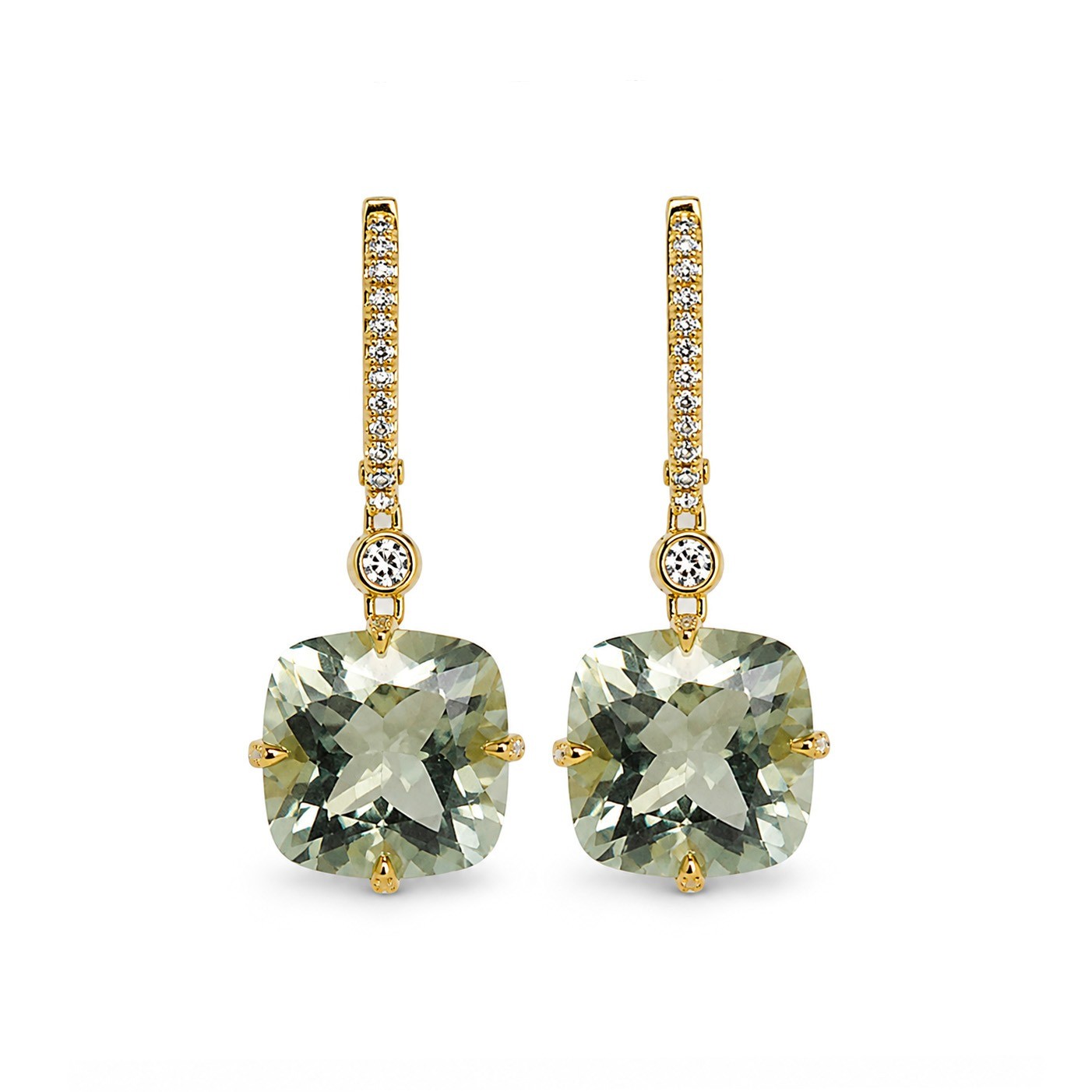 Cercei Aur Galben 14k, Ametist Verde 12.55 Ct , Diamante Naturale 0.44 ct FG/VS
