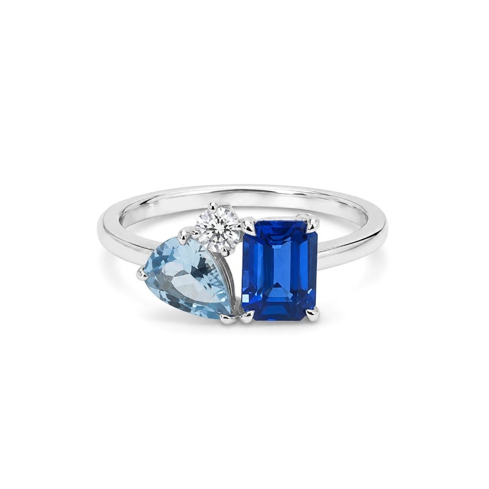 Inel Aur Alb 18k, Safir  1.22 Ct , Aquamarin 0.56 Ct , Diamant Natural 0.10 Ct FG/VS