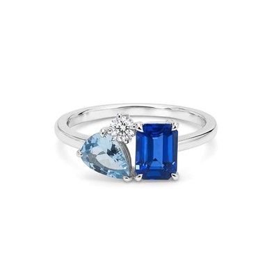 Inel Aur Alb 18k, Safir  1.22 Ct , Aquamarin 0.56 Ct , Diamant Natural 0.10 Ct FG/VS