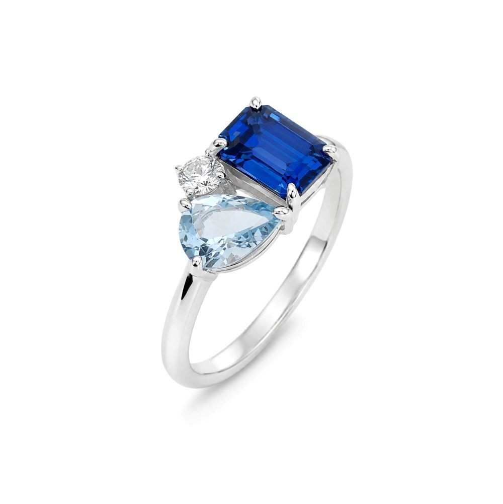 Inel Aur Alb 18k, Safir  1.22 Ct , Aquamarin 0.56 Ct , Diamant Natural 0.10 Ct FG/VS