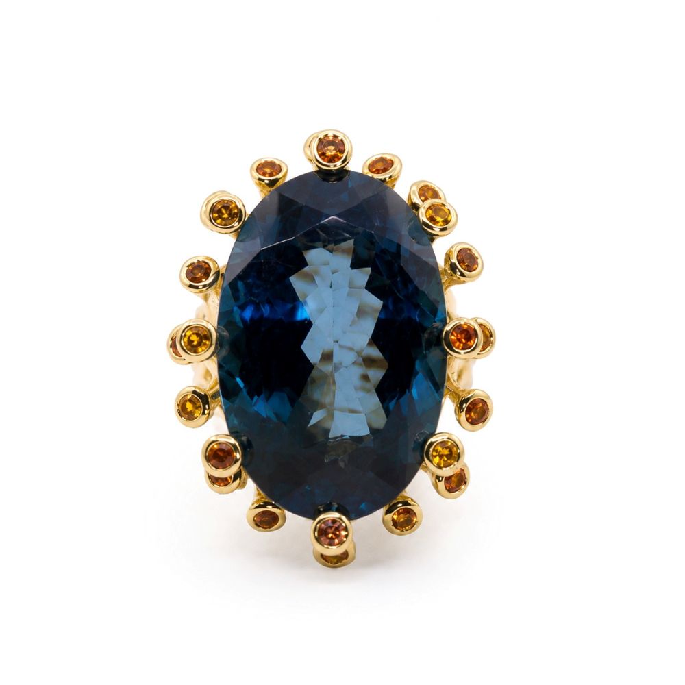 Inel Aur Galben 18k, London Topaz 25.40 Ct , Safire Orange 0.78 Ct