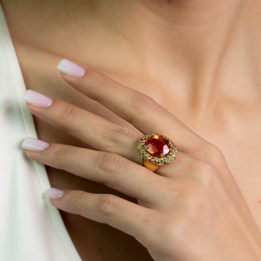  Inel Aur 18k, Spesartit 3 ct, Safire Fancy 2.21 ct 2