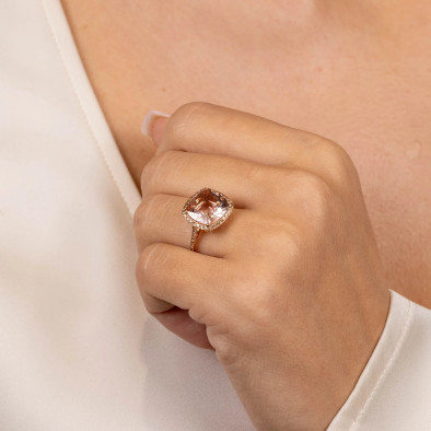 Inel Aur Roz 18k, Morganit 6.85 Ct, Diamante Naturale Champagne 0.75 Ct VS