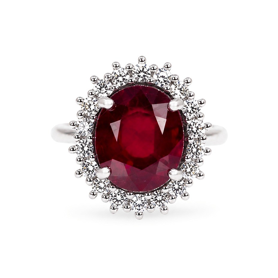 Inel Aur Alb 18k, Rubin Incalzit 4.00 Ct, Diamante Naturale 1.34 Ct FG/VS
