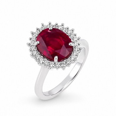Inel Aur Alb 18k, Rubin Incalzit 4.00 Ct, Diamante Naturale 1.34 Ct FG/VS