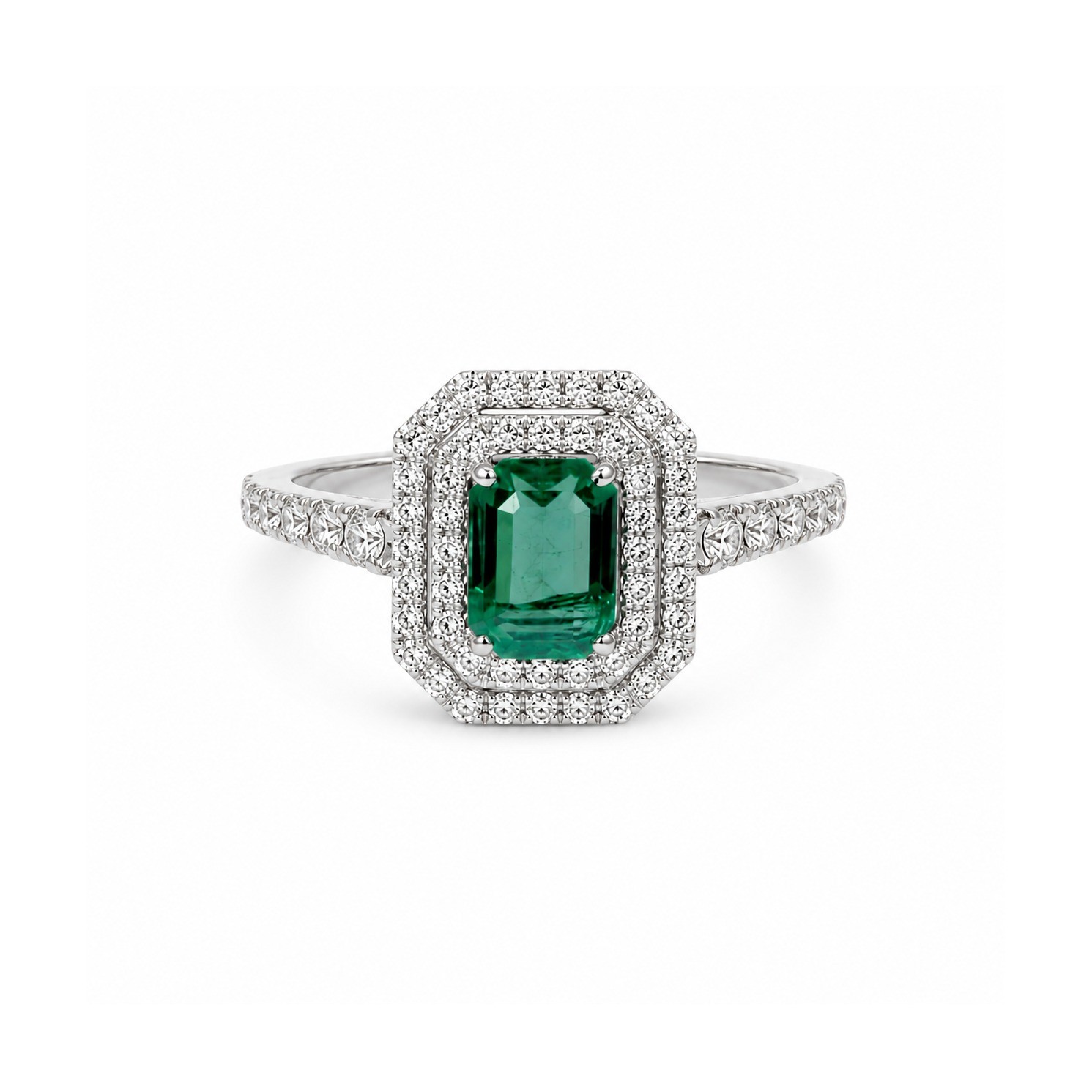 Inel Aur Alb 18k, Smarald 1.10 Ct , Diamante Naturale 0.89 Ct FG/VS