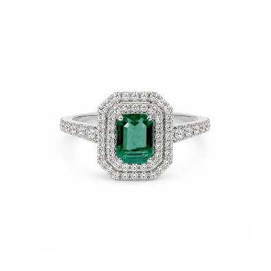 Inel Aur Alb 18k, Smarald 1.10 Ct , Diamante Naturale 0.89 Ct FG/VS