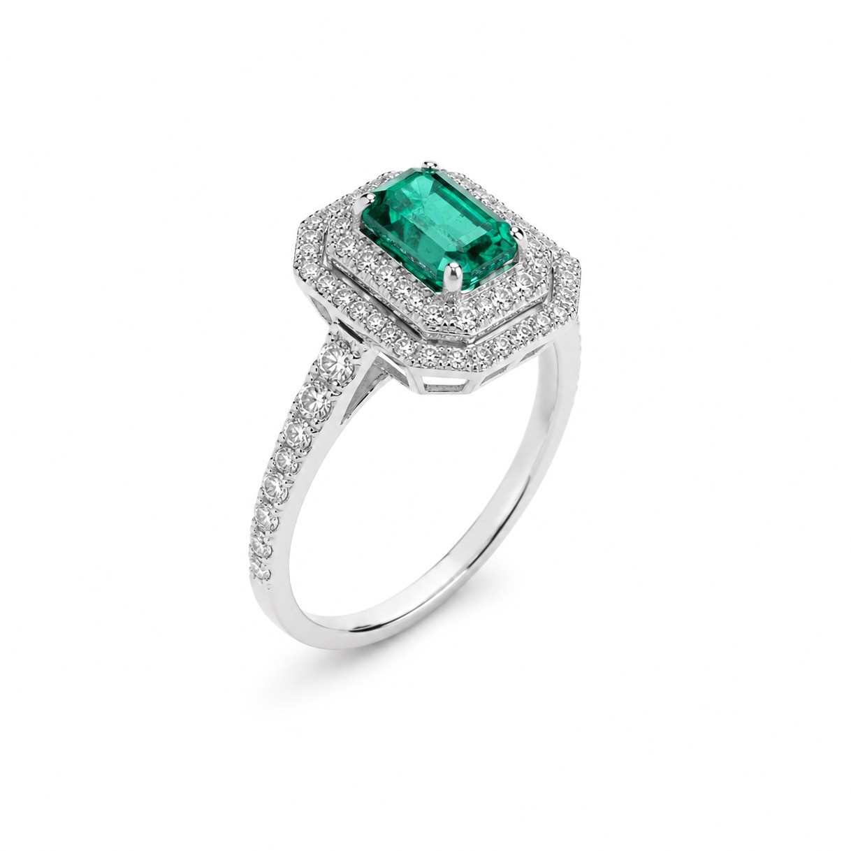 Inel Aur Alb 18k, Smarald 1.10 Ct , Diamante Naturale 0.89 Ct FG/VS