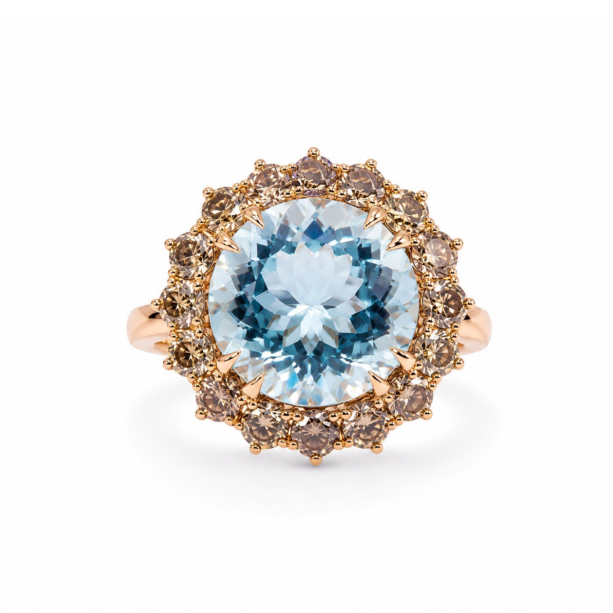 Inel Aur Roz 14k, Aquamarin 8.00 Ct , Diamante Naturale Champagne 2.70 Ct VS