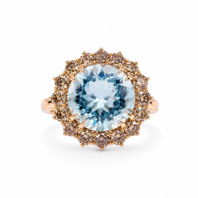 Inel Aur Roz 14k, Aquamarin 8.00 Ct , Diamante Naturale Champagne 2.70 Ct VS