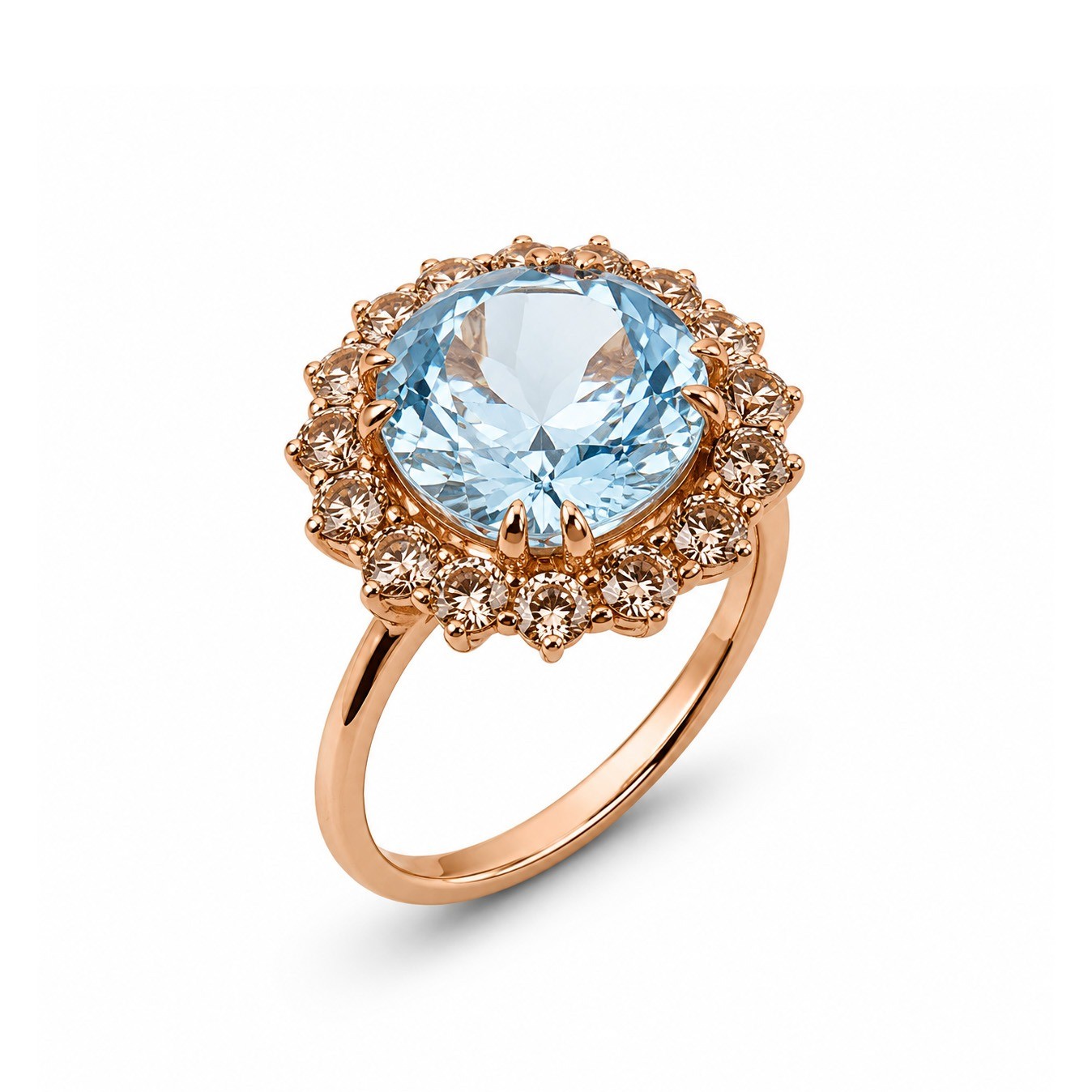 Inel Aur Roz 14k, Aquamarin 8.00 Ct , Diamante Naturale Champagne 2.70 Ct VS