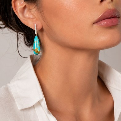 Cercei Aur Galben 18K, Turquoise 33.50 Ct , Diamante Naturale 0.36 Ct FG/VS-SI