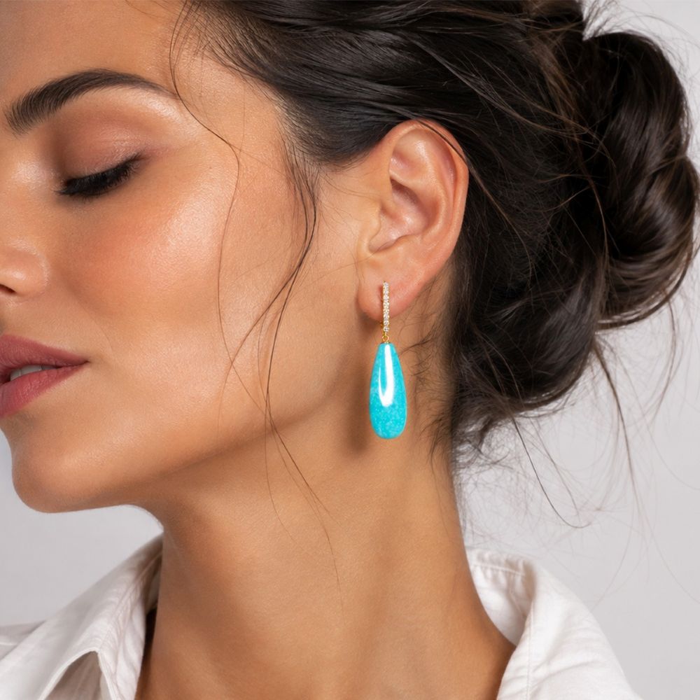 Cercei Aur Galben 18K, Turquoise 34.87 Ct , Diamante Naturale 0.36 Ct FG/VS-SI