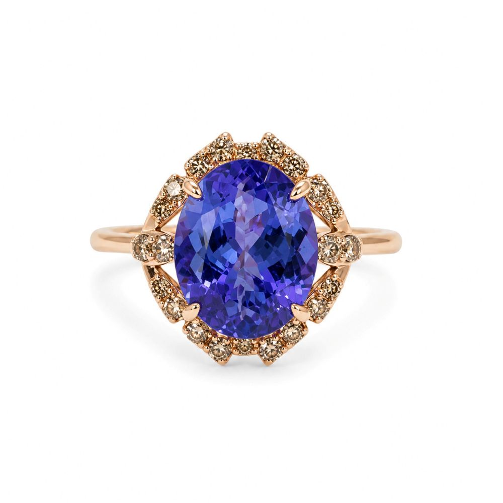 Inel Aur Roz 14k, Tanzanit 4.00 Ct , Diamante Naturale Champagne 0.30 Ct VS