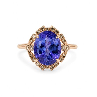 Inel Aur Roz 14k, Tanzanit 4.00 Ct , Diamante Naturale Champagne 0.30 Ct VS