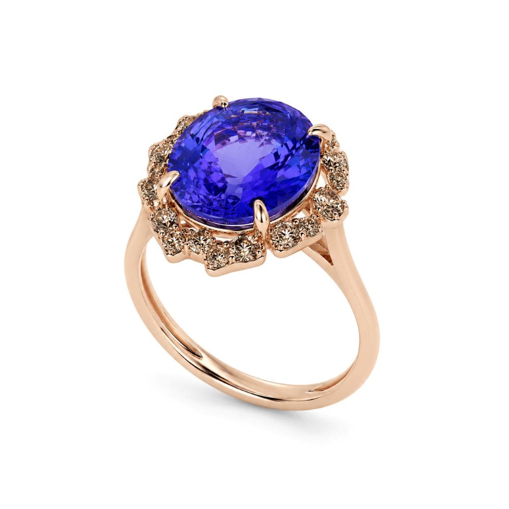 Inel Aur Roz 14k, Tanzanit 4.00 Ct , Diamante Naturale Champagne 0.30 Ct VS