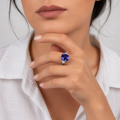 Inel Platina , Tanzanit 8.00 Ct , Diamante Naturale Solitaire 0.50 Ct x 0.50 Ct GH/VS-SI
